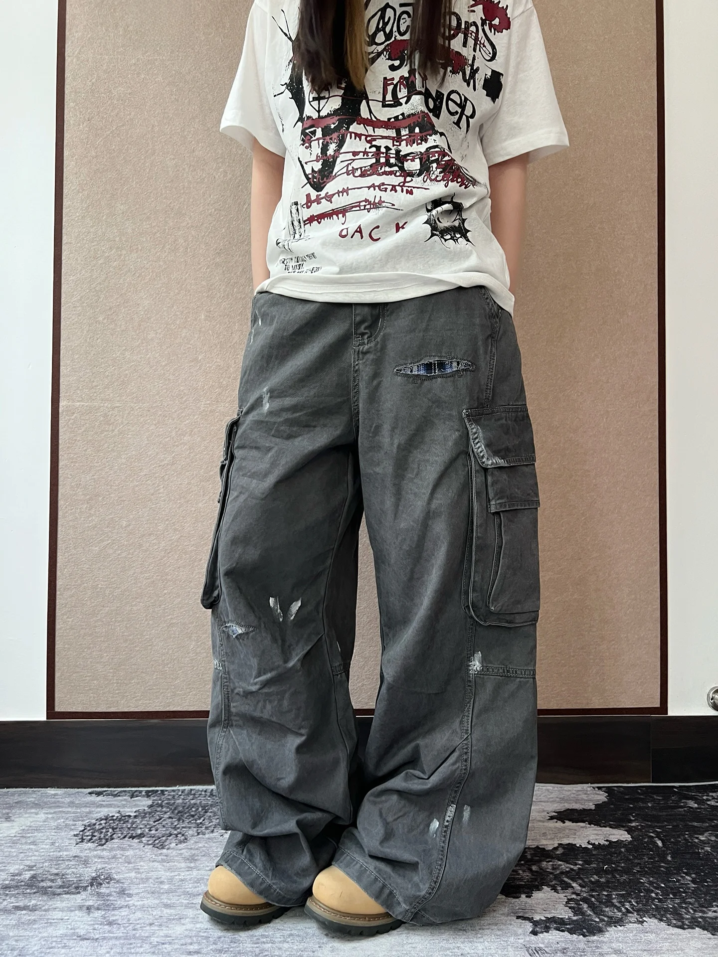 

Повседневные рабочие брюки унисекс с эффектом потертости и заплатками, широкие, свободные, прямые, из хлопка, удобные, дышащие, для отдыха