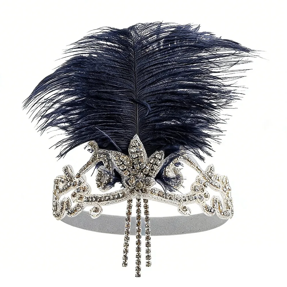 

Новый головной убор с кристаллами и перьями, регулируемая повязка для волос с бахромой и бисером, в стиле флеппер, для женщин