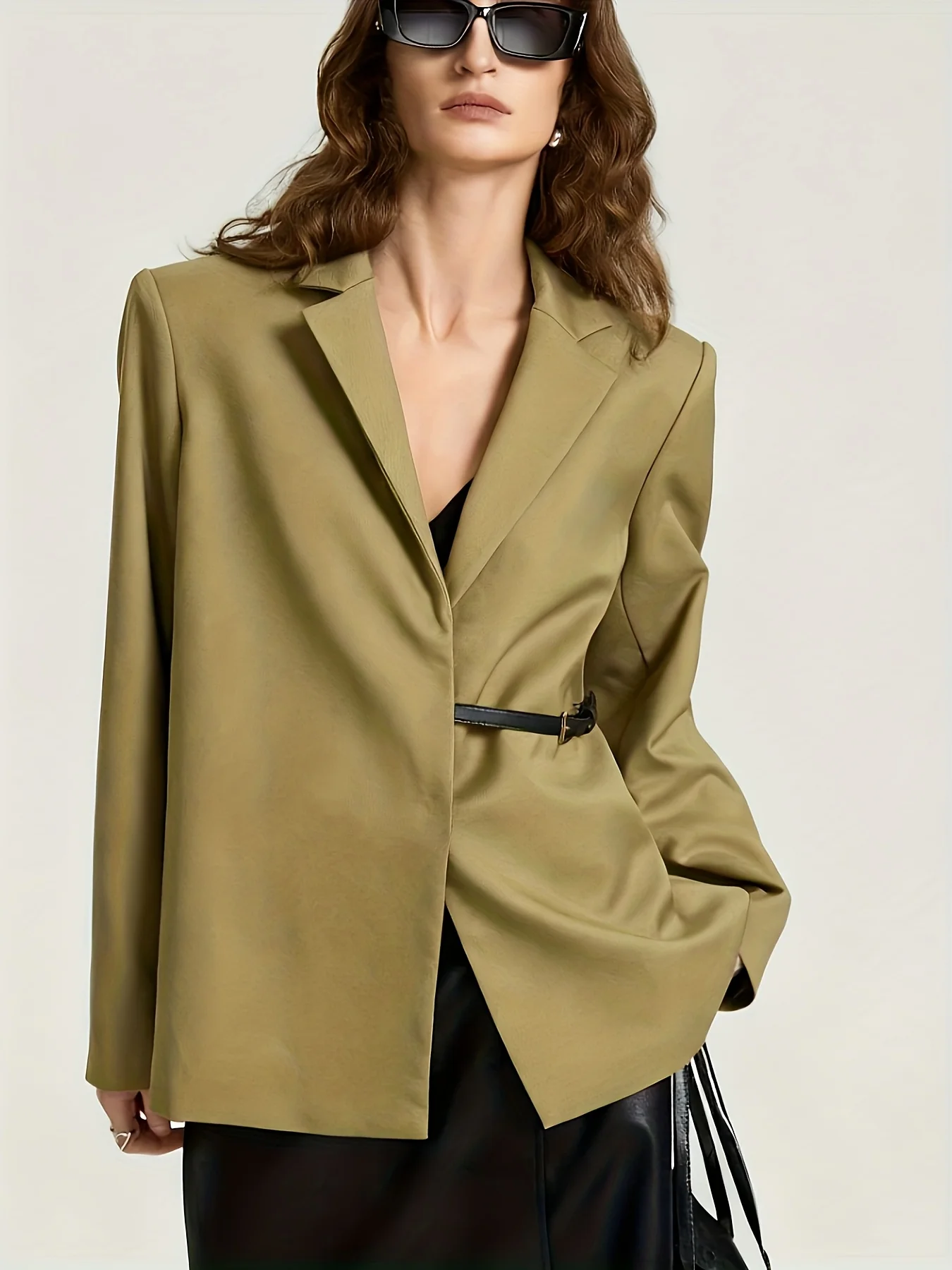 

Women's Khaki Oversized Blazer Single Buckle Long Sleeve Casual Office Loose Fit Suit Jacket 2025