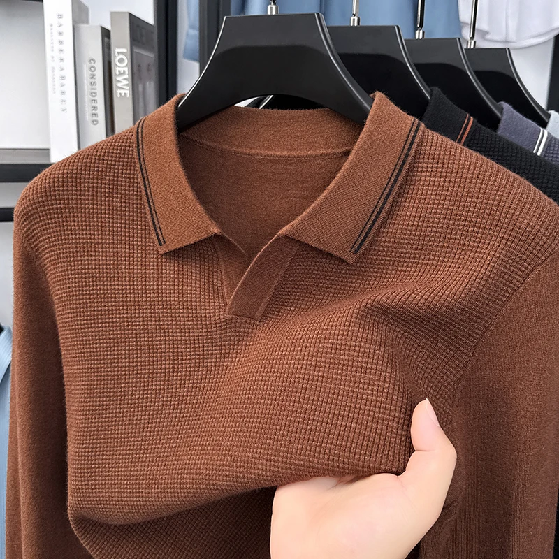 Men's Autumn Long-sleeved Sweater Jacquard Seagull Collar Solid Color  Knitted Shirt Casual Base Layer Fashionable Men Clothing