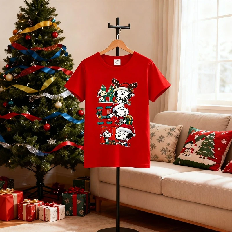 

Snoopys Рождественская футболка с круглым вырезом и короткими рукавами, детская футболка с мультяшным принтом, милые топы, футболки для мальчиков и девочек, модная одежда, рождественские подарки