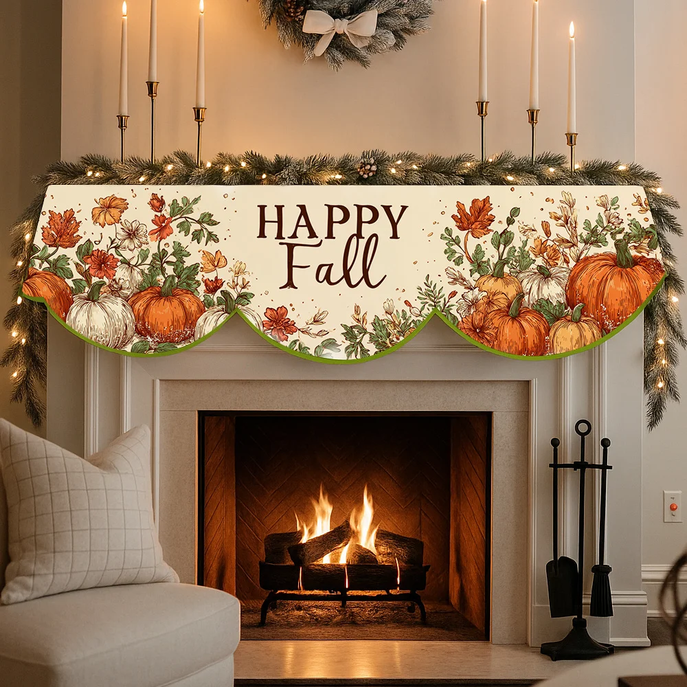VIKAMA Happy Fall Fireplace Mantel Scarf Maple Leaf Floral Pumpkin Mantel Topper Thanksgiving Autumn Home Fireplace Decor