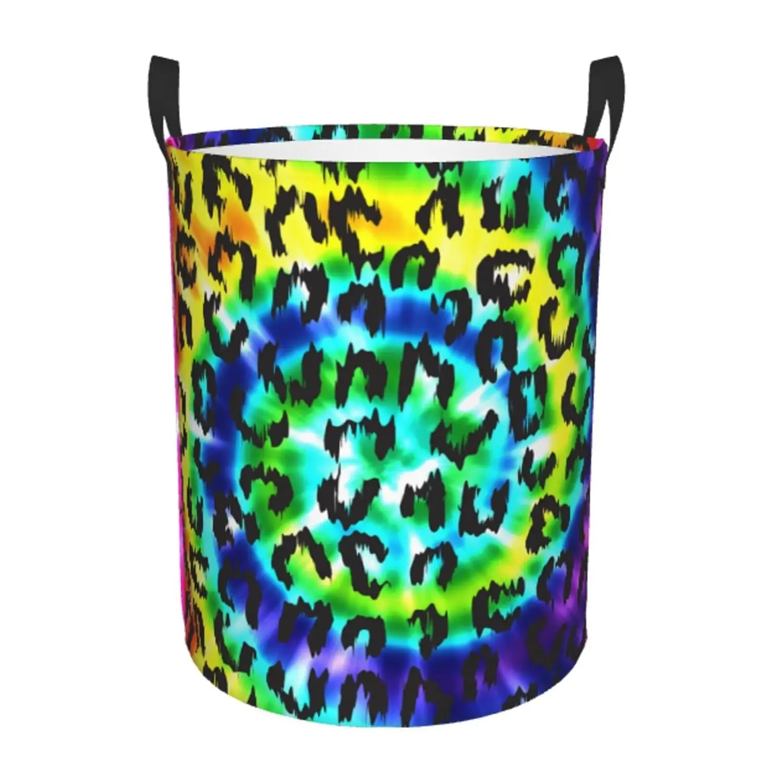Leopard Round Laundry Hamper Rainbow Tie Dye Storage Basket Toys Clothes Organizer Bin For Home Bathroom Bedroom Dorm Nursery