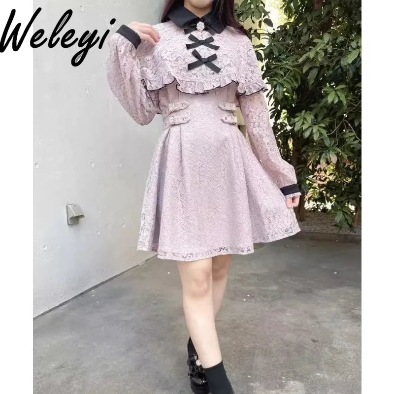 

Elegant Womens Clothing Dress 2024 Four Seasons New Sweet Cute Mine Series Mass Produced Lace Cloak Bow Doll Collar A Line Kleid