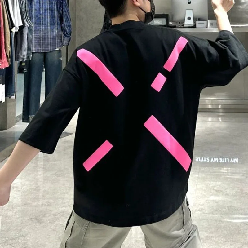 Chinese Style 2024 Summer New Men's Crew Neck Printed Striped Pure Cotton Casual Loose Trendy Classic Half Sleeve T-shirt Tops