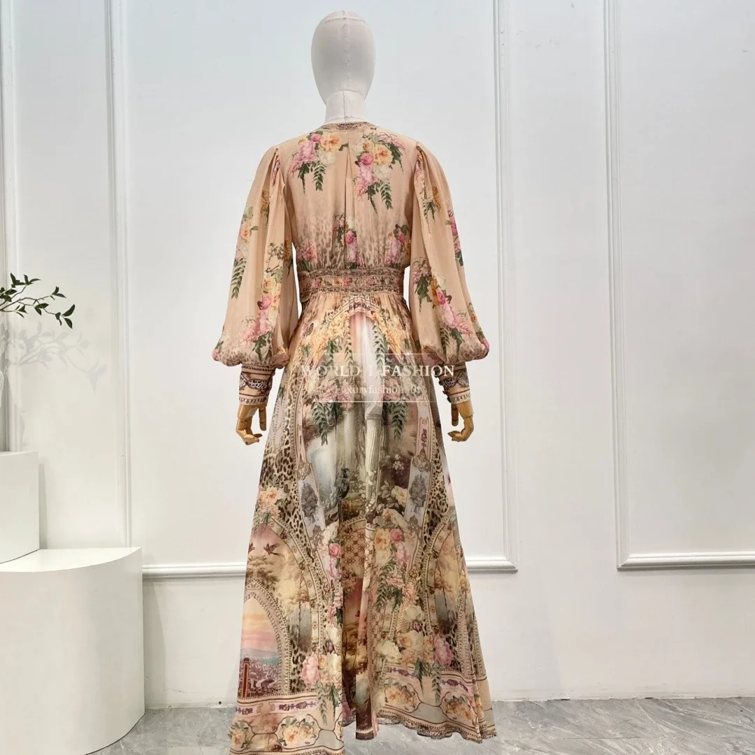 فستان متوسط الطول بأكمام طويلة ورقبة على شكل حرف V باللون البيج للنساء 2025 حرير جديد عالي الجودة #2