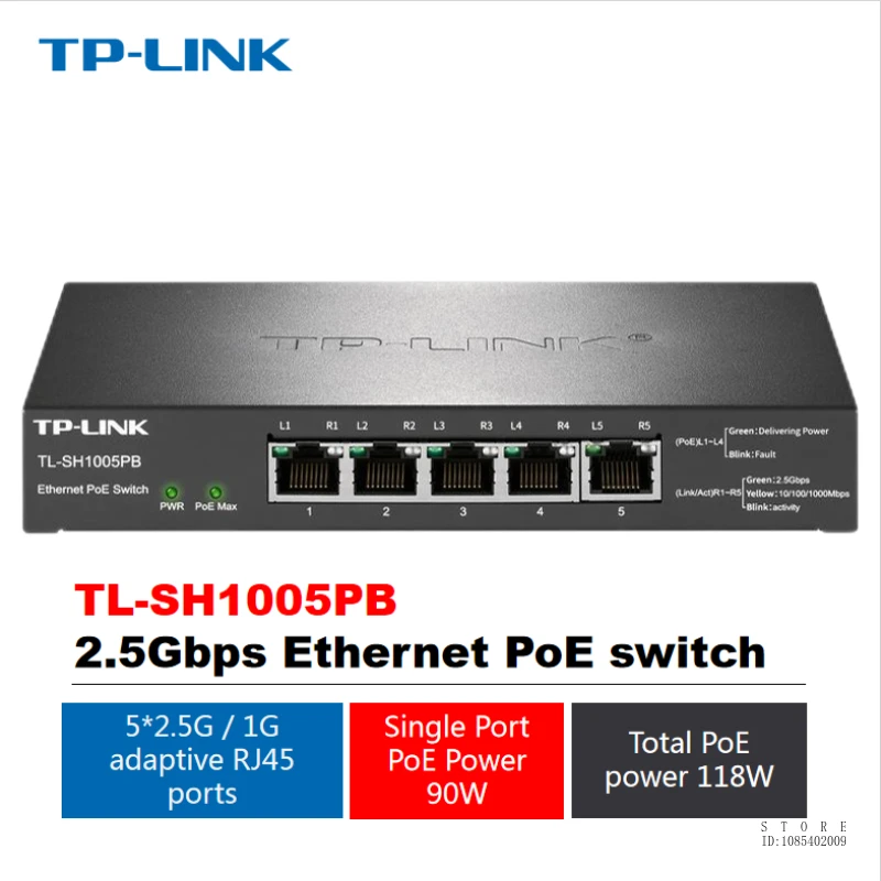 TP-link 2.5Gbps Ethernet PoE Switch, Single Port Power 90W, Overall PoE Power 118W, 4*2.5GE (PoE)+1*2.5GE, TL-SH1005PB