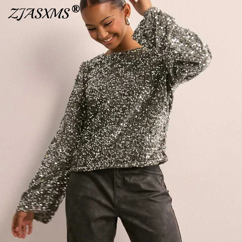 Chic Glitter Sequin Sparkling Party Shirts Women Elegant O-neck Back Bowknot Blouse Autumn Winter Long Sleeve Sexy Tops Pullover