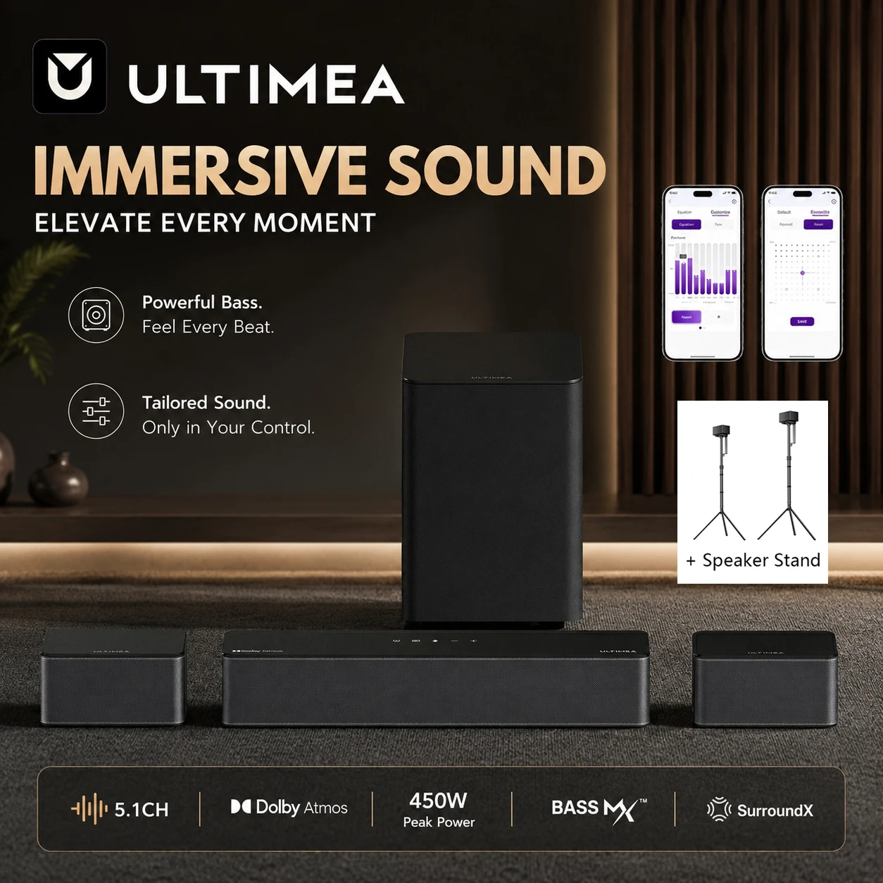 Barre de son ULTIMEA 450W 5.1 canaux avec Dolby Atmos, caisson de basses sans fil de 5,25 pouces et 2 enceintes arrière, système de son surround, BassMX ? Contrôle par application Barre de son ULTIMEA 450W 5.1 canaux avec Dolby Atmos, caisson de basses sans fil de 5,25 pouces et 2 enceintes arrière, système de son surround, BassMX ? Contrôle par application