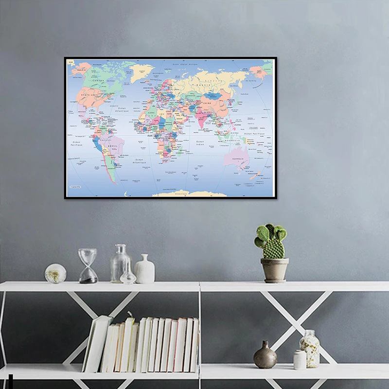 Clássico o mapa do mundo com distribuição política em francês 84*59cm não-tecido lona pintura casa decorativa parede arte imagens