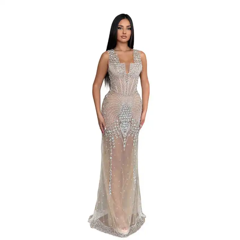 우아한 민소매 비즈 이브닝 드레스, 일루전 크리스탈 스팽글 머메이드 프롬 드레스, 맞춤형 플로어 길이 파티 가운