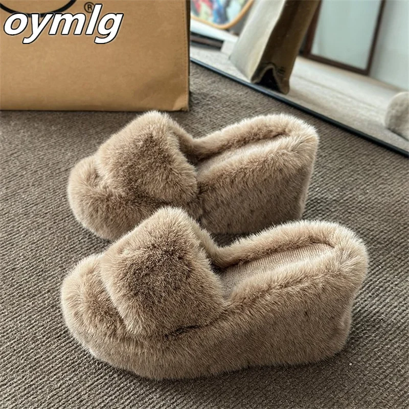 Matsu Cake Plush Slippers for Women Outwear 2023 Autumn/Winter New High Heel Wedge and Small Cotton Slippers for Women