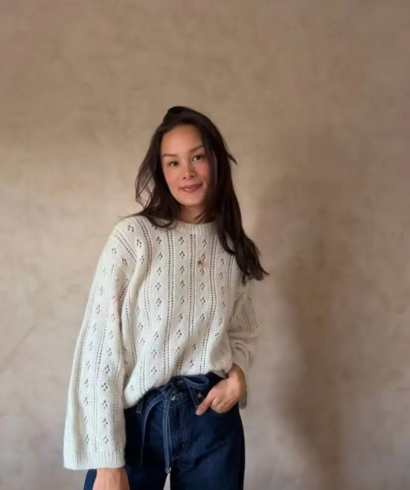 2026 Spring/Summer New Fashionable Versatile Thin Hollow Bead Knitted Long Sleeve Top for Women, Solid Color