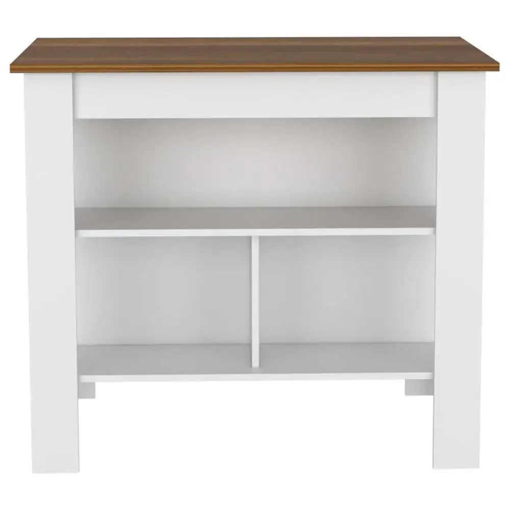 Kitchen Island Kitchen Table 35" H Four Legs Three Open Storage Shelves White / Walnut