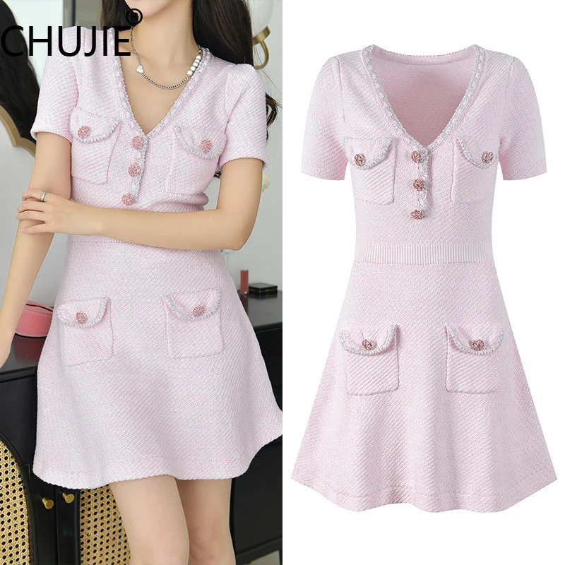 

CHUJIE Women's Dress 2025 Spring/Summer New French Style Pink V-neck Waist Cinched Diamond Buckle Commuting Short Dress