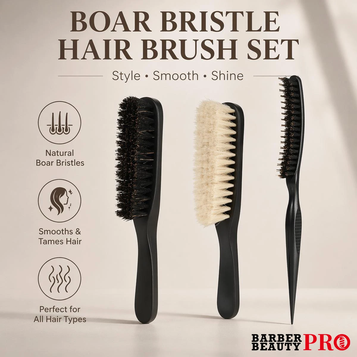 2Pcs Boar Bristle Hair Brush Set Beard Brush Anti Static Teasing Comb Ergonomic Tail Comb for Salon Barber Home Hair Styling