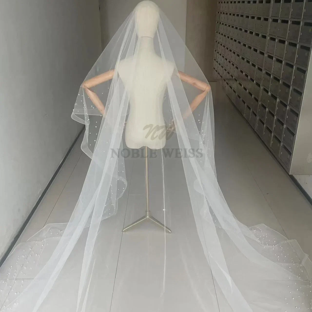 Beaded Wedding Veils One Layer Bride Veil With Stretch Mesh Tulle Veils Accessories 3*3 meters Customized image 6