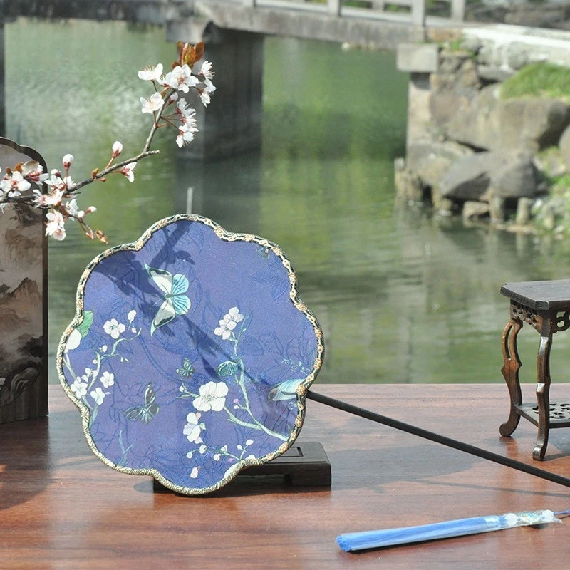 Antique group fan, Chinese hand-embroidered long handle handheld round fan, Hanfu with accessories dance fan