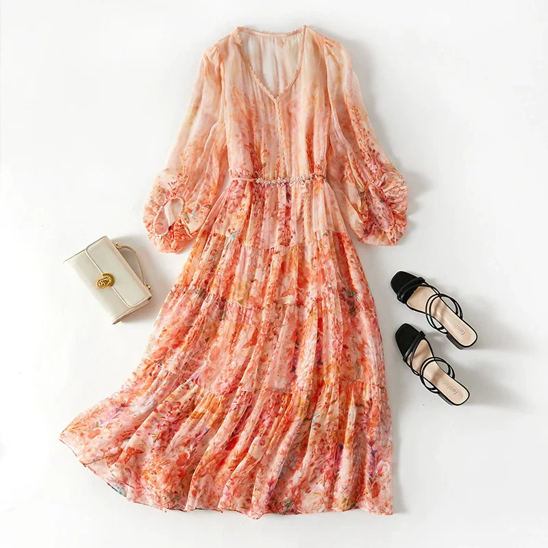 Birdsky, 1PC Women A dress loose fit bead band V neck 100% real mulberry silk crepe georgette print flower, S-1029