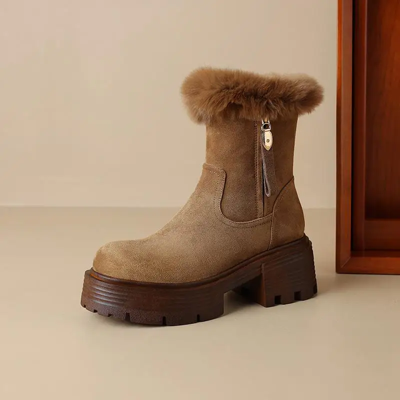 Krazing Pot Round Toe Flock Rabbit Natural Fur Winter Keep Warm Casual Snow Boots Platform Thick Bottom Zipper Ins Ankle Boots