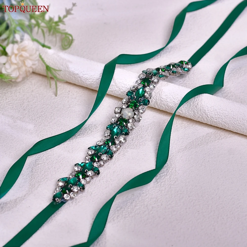 TOPQUEEN Vintage Bridal Belt With Green Rhinestones Ladies Wedding Belt Sacrament Dinner Dress Waist Decoration S113-KL