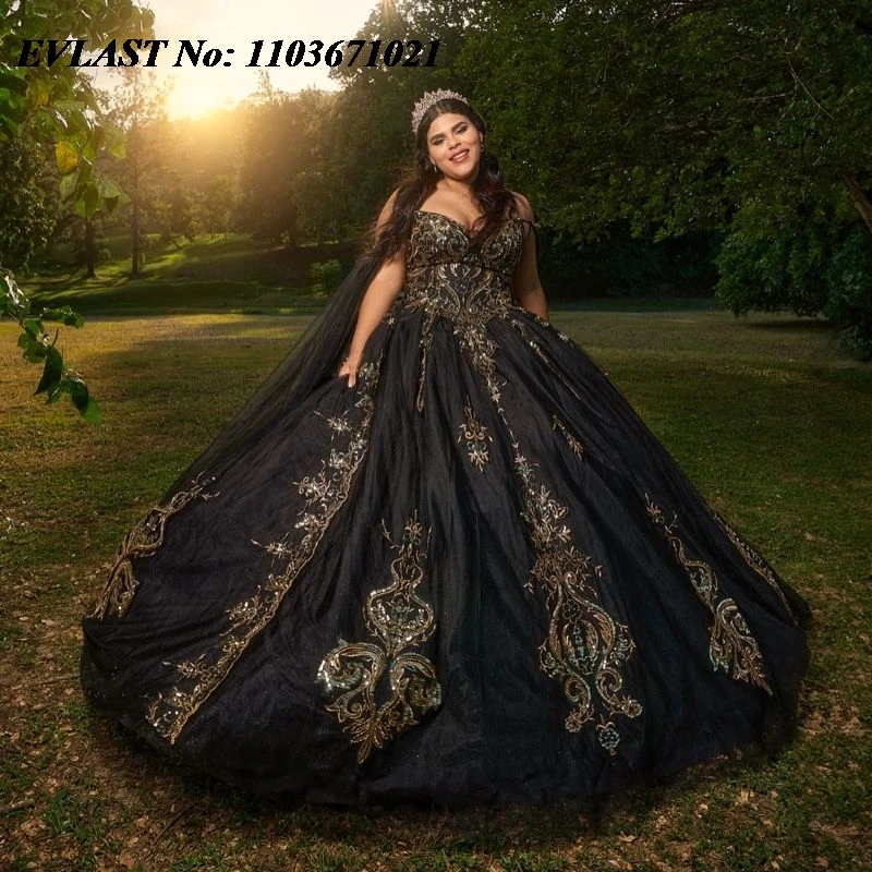 EVLAST Customized Black Quinceanera Dress Ball Gown Gold Lace Applique Beading Cape Mexico Sweet 16 Vestidos De XV 15 Anos SQ81