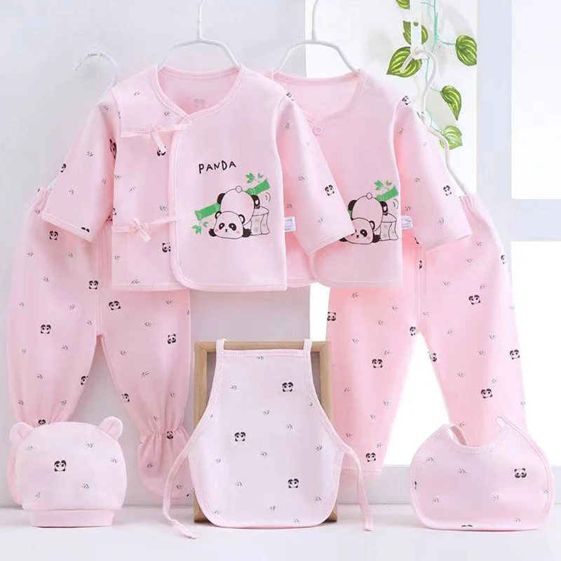 7Piece Sets Spring Autumn Baby Clothes Girl Boys Cartoon Cute Panda Print Cotton Long Sleeve Tops+Pants+Hat Newborn Items BC264