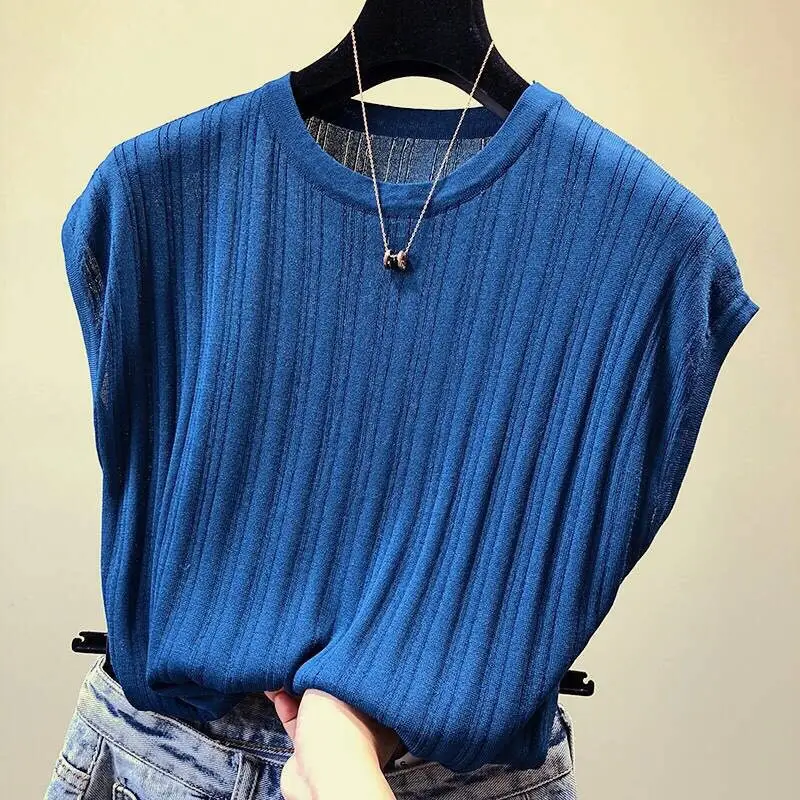 Women Summer Simplicity Loose Fashion Solid color Striped O-neck short sleeve Knitwear women clothes Casual All-match trend tops