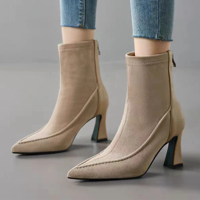 

Женские ботильоны на высоком каблуке, модная замшевая обувь, дизайнерские зимние ботинки с острым носком, новинка 2025 года, роскошное платье Mujer Botas