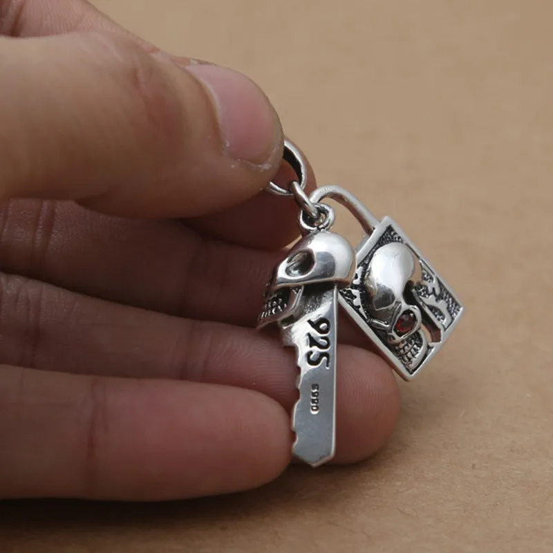 BOCAI New S925 Sterling Silver jewelry Retro Punk Inlaid With Ruby Skull Pendant Selected Gift