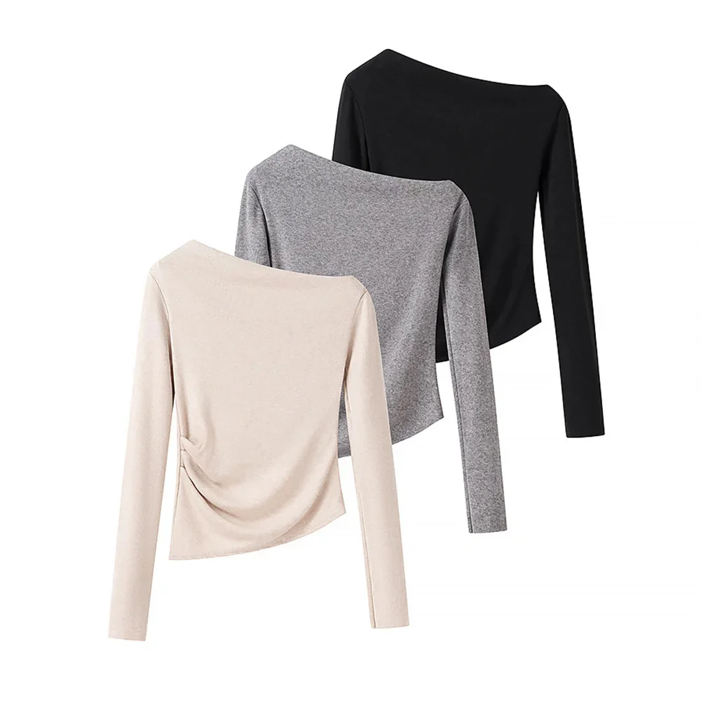 2025 TRAF Spring New Women's Fashion Versatile Slimming and Drawn Fold Knitted Slant Neck Design Long Sleeve Top