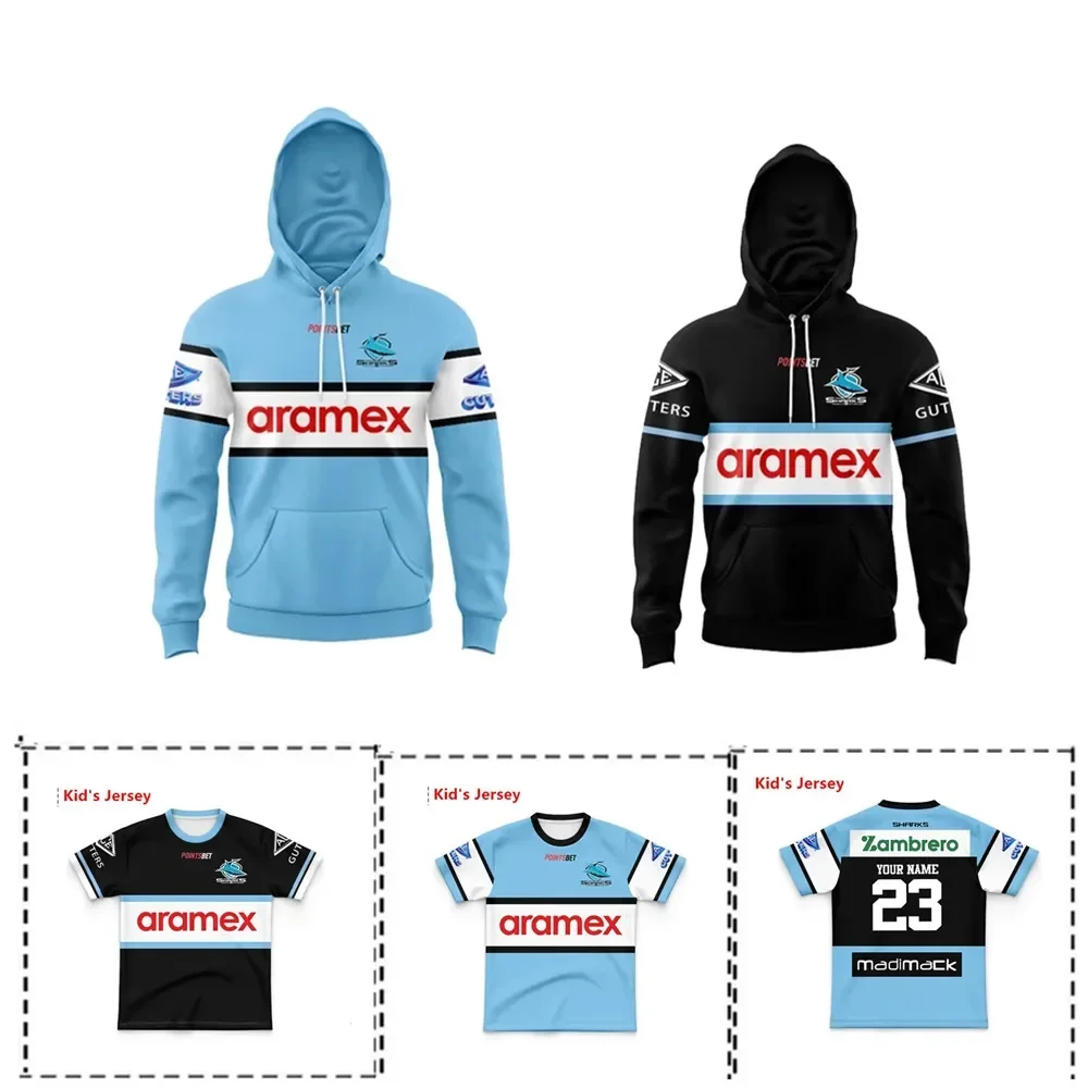 Customization 2023 Cronulla Sharks Kids Kit Hoodie Hat Home / Away Jersey Size: 16-26 （Print Custom Name Number）