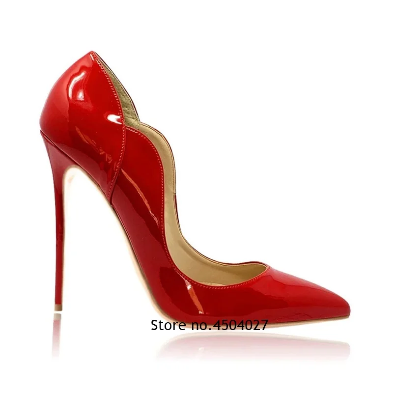 

Red Nude Black Patent Leather Wave Shaped Cut High heels Slip-on Pointed Toe Stiletto Heel Pumps Dress Shoes 12cm 10cm 8cm
