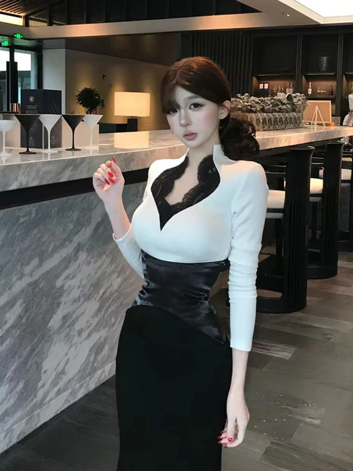 

XZY Сексуальное кружевное платье с цветными вставками, облегающее, с запахом, для женщин больших размеров, зимнее, модное, с V-образным вырезом, длинными рукавами