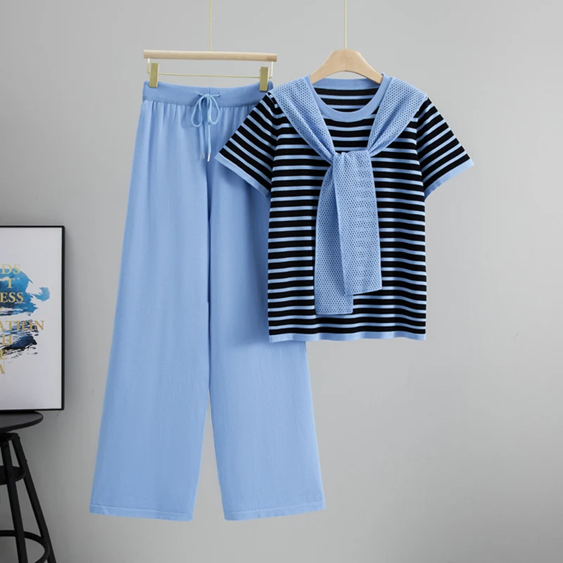 

Elastic Slim Knit O-Neck short sleeve Elegant Women Summer Korean Fashion stripe Lace up tops Two Piece Set