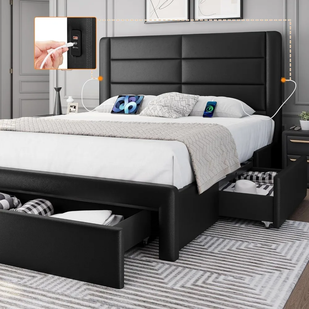 Queen Size Bed Frame Platform with 2 USB Charging Station/Port for Type A&Type C/3 Storage Drawers, Leather Upholstere