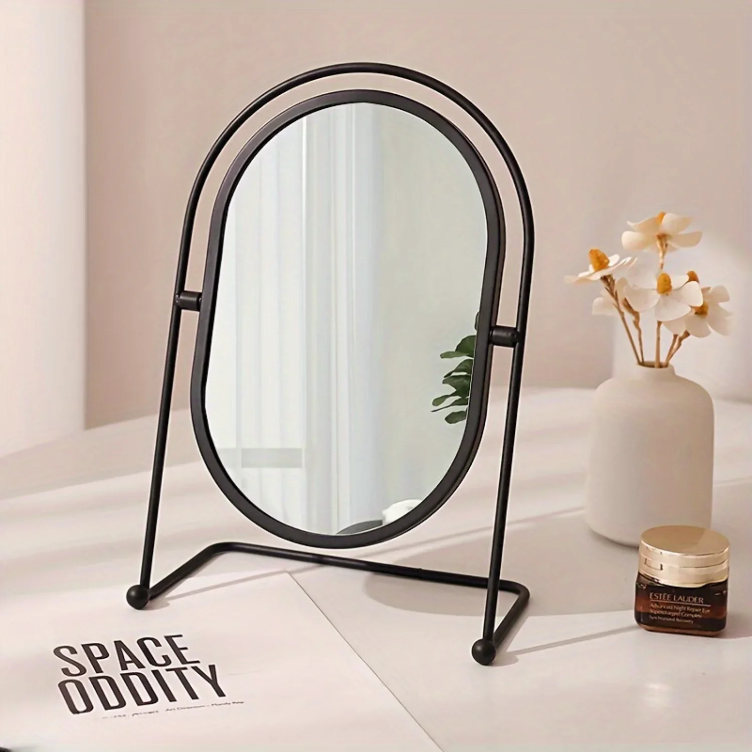 Elegant Rotatable Makeup Mirror With Metal Frame - High-Definition Glass, Perfect For Vanity, Bathroom & Bedroom Decor