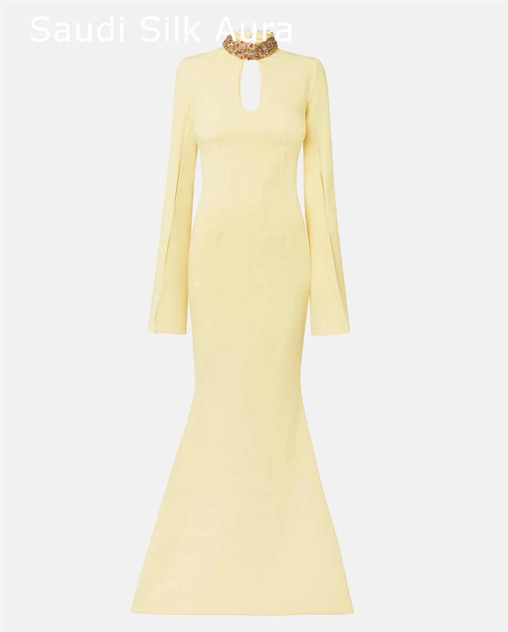 Aangepaste klassieke gele jersey avondjurk mode ronde hals lange mouwen feestjurk delicate rechte beroemdheidsjurken