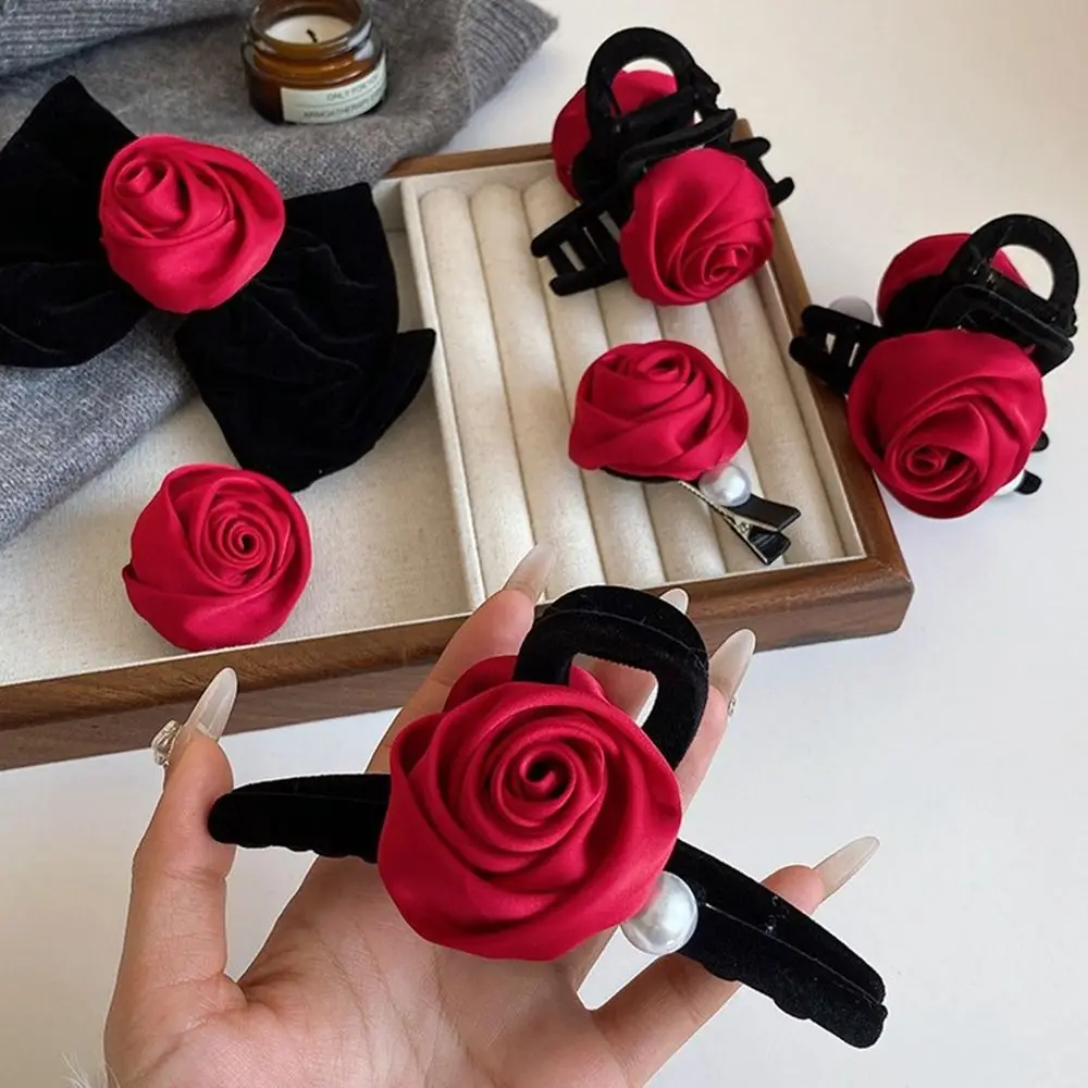 Cute Pearl Velvet Bow Hair Claw Grab Clip Flower Red Rose Hair Clip Geometric Hairpin Velvet Headband Girls