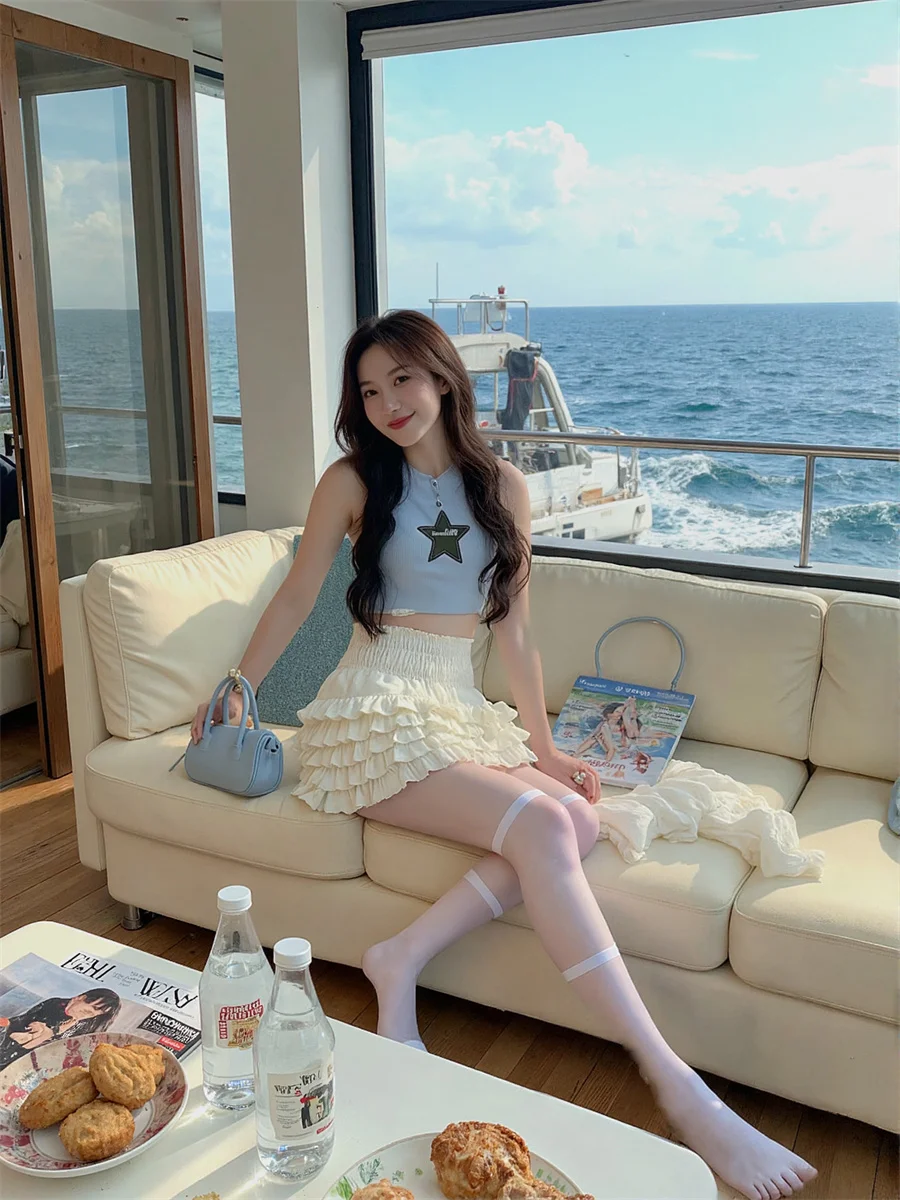 

Shirring Cake Mini Skirts Womens Shirred Tiered Pleated Lace-up Modern Chic Mesh Detail Feminine Artistic Sweet Patchwork