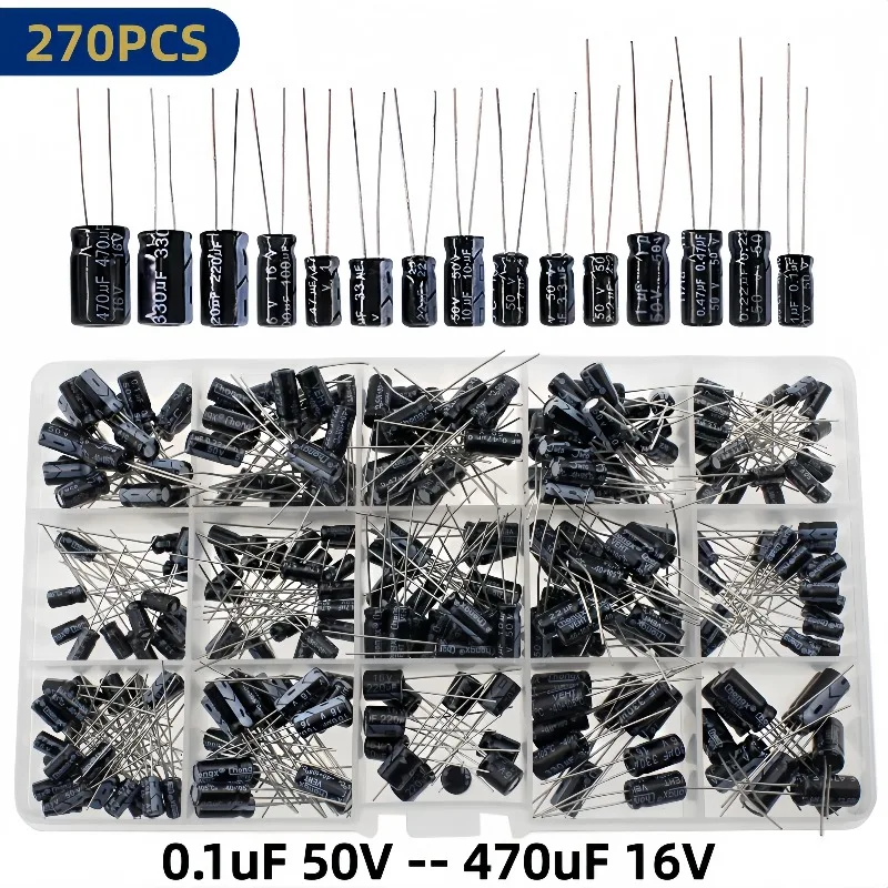 15 Values Electrolytic Capacitor Assortment Kit, 270Pcs 0.1uF to 470uF Aluminum Electrolytic Capacitors Set