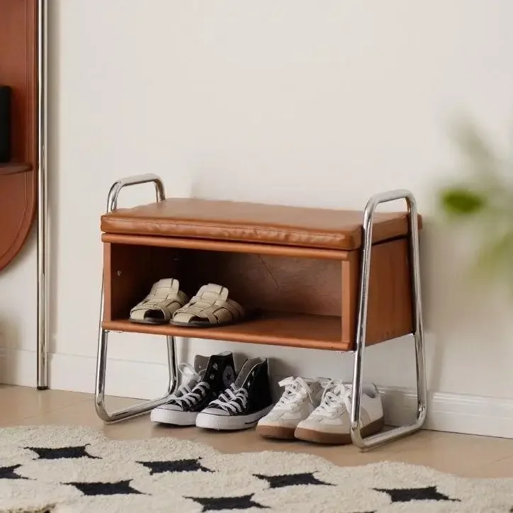 Solid wood shoe changing stool can be sat at the door of the home, shoe cabinet enters the home, Nordic seat cushion soft bag