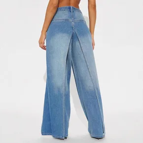 Perna reta solta-ajuste retalhos falso calças jeans de duas peças streetwear casual retro assimétrico afilado calças jeans para mulher