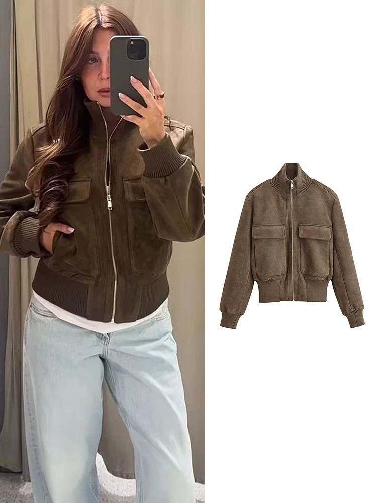 TFMLN 2026 Damen Wildlederjacke mit Taschen Herbst Winter Hochkragen Langarm Reißverschlussjacke Damen Schlanke Elegante Mäntel