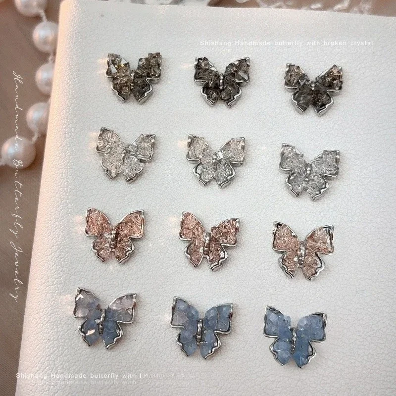 1Pc Trendy Alloy Butterfly Nail Charms, luxury style embedded crushed ice stones translucent manicure rhinestone ornaments