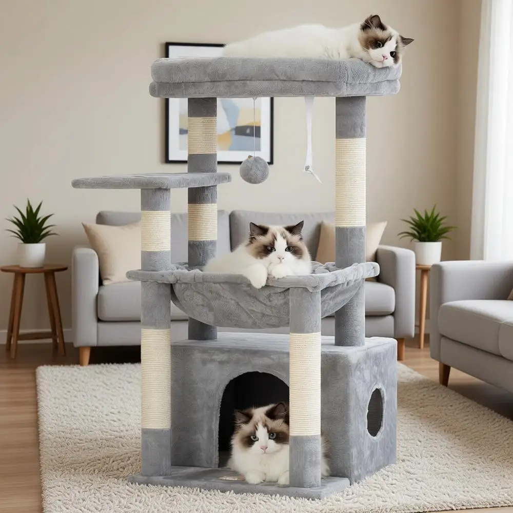 

Дерево-когтеточка для кошек с большой корзиной, просторным домиком-лежанкой со скрытым пространством, сизалевыми когтеточками, Dangli