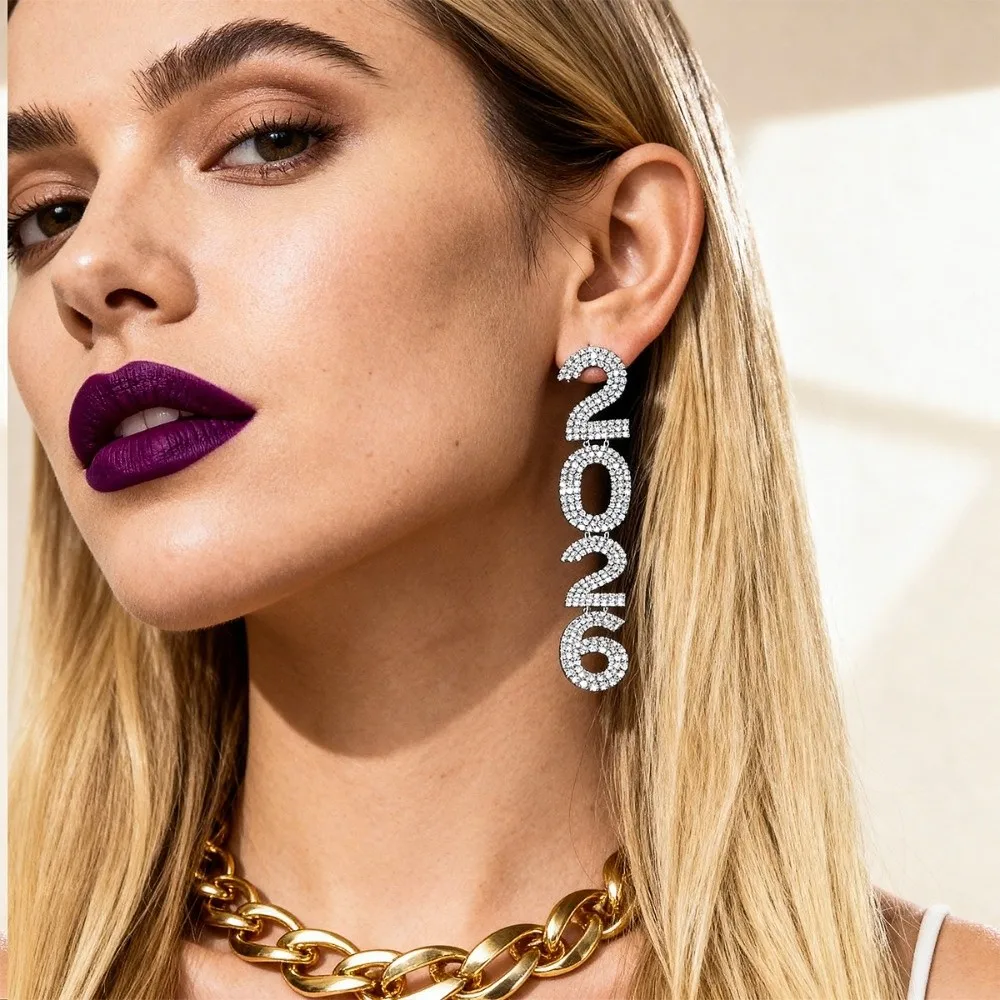 بدلة مجوهرات جمالية عتيقة 2026 مبالغ فيها من حجر الراين سنة جديدة سعيدة أقراط قطرة طويلة لامعة 2026 قلادة للحفلات #1