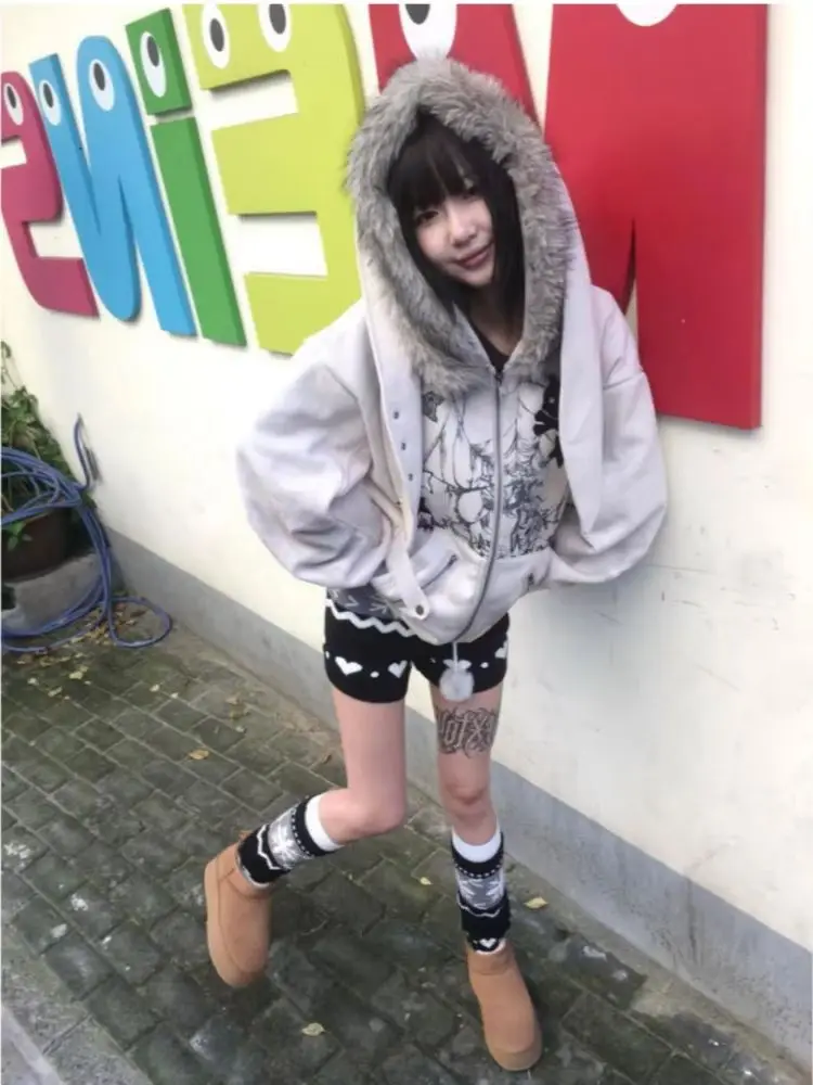 Y2k Vintage Subculture Long Sleeve Hooded Jacket Women Rabbit Ears Kawaii Sweatshirt American Retro Faux Collar 2025 Autumn