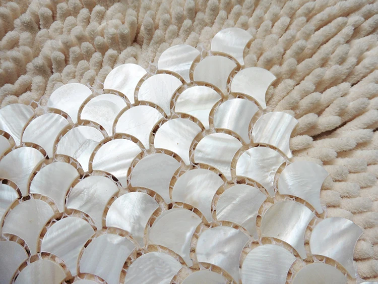 مقياس السمك الأبيض قذيفة فسيفساء بلاط أم اللؤلؤ المطبخ باكسبلاش الحمام دش جدار التلفزيون خلفية مروحة خلفية #3