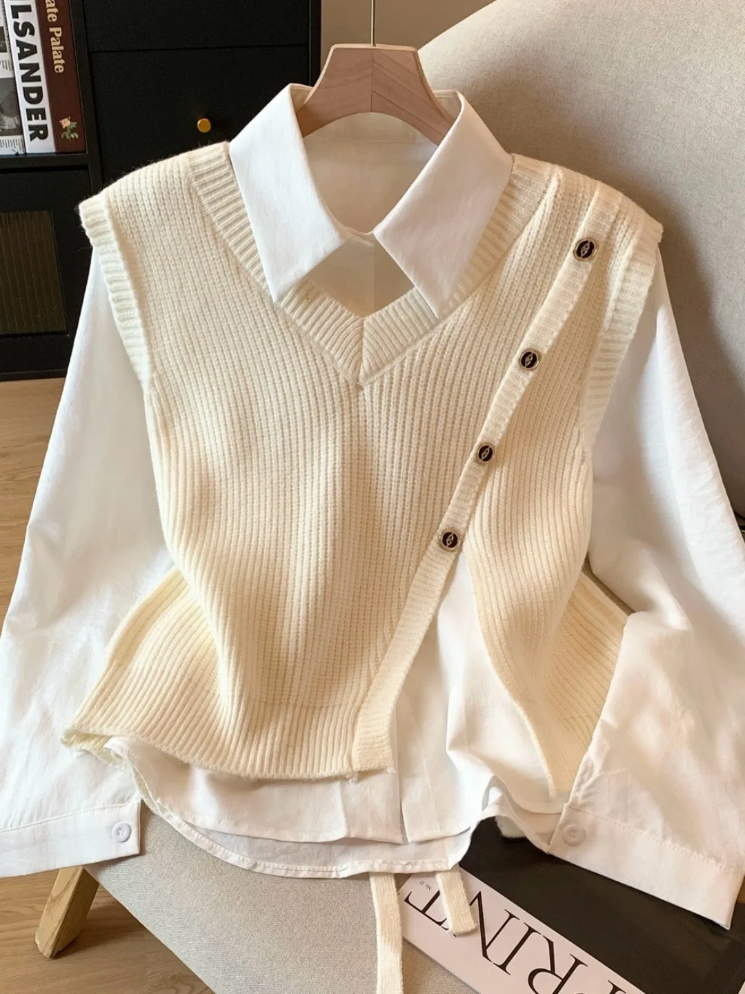 秋の新作 Sle レディース ロングスリーブ カラーニットベスト イレギュラーVネック ツーピースセット オリジナルデザイン ストレートカット